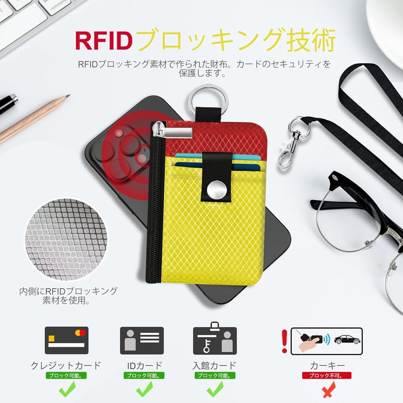 CCUMI Minimalist RFID Blocking Small Wallet with ID Window,WaterResistant Zip Id Case Wallet with Lanyard Keychain for Cards,Cash,Travel,Women,Men (Lemon Yellow/Red) - Image 4